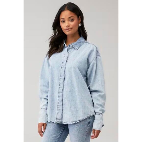 Good American Rhinestone Denim Button Up Shirt Chambray Small Disco Cowgirl Fall - Picture 3 of 11